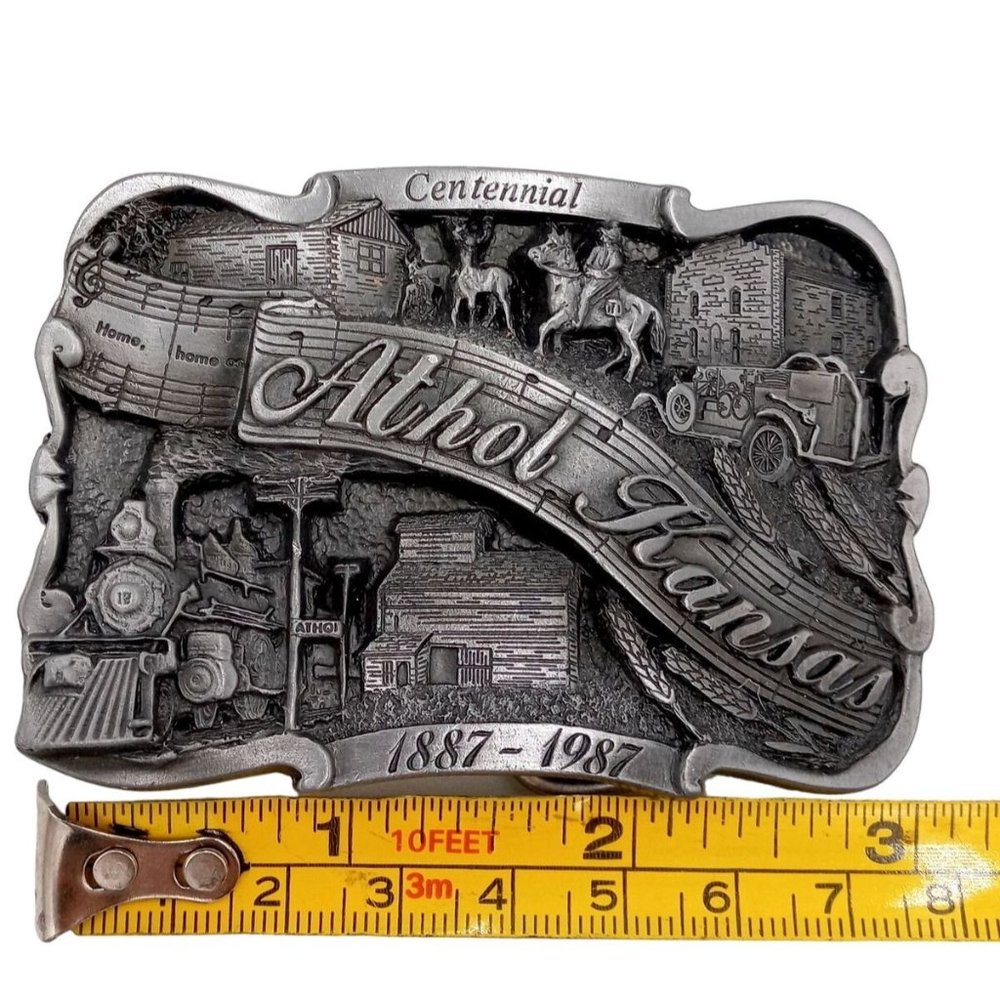 Athol KS Belt Buckle Kansas Centennial 1987 Horse Train Musical Music Notes
